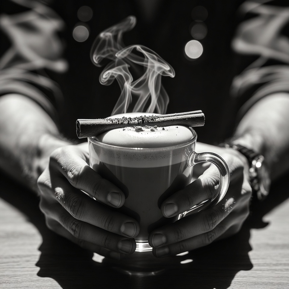 Handen omsluiten glas koffie met kaneelstokje