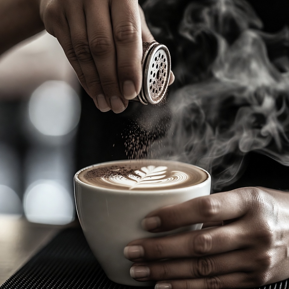 Barista strooit cacaopoeder op verse latte art