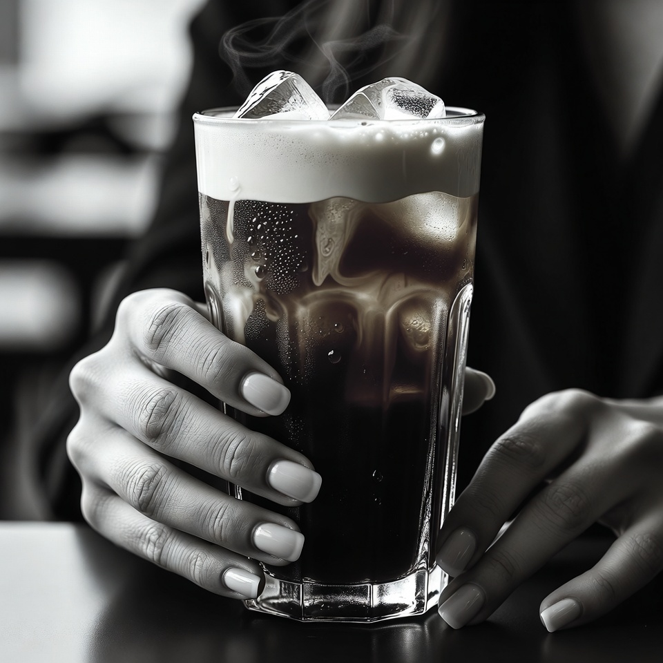Iced coffee in hoog glas gehouden door twee handen