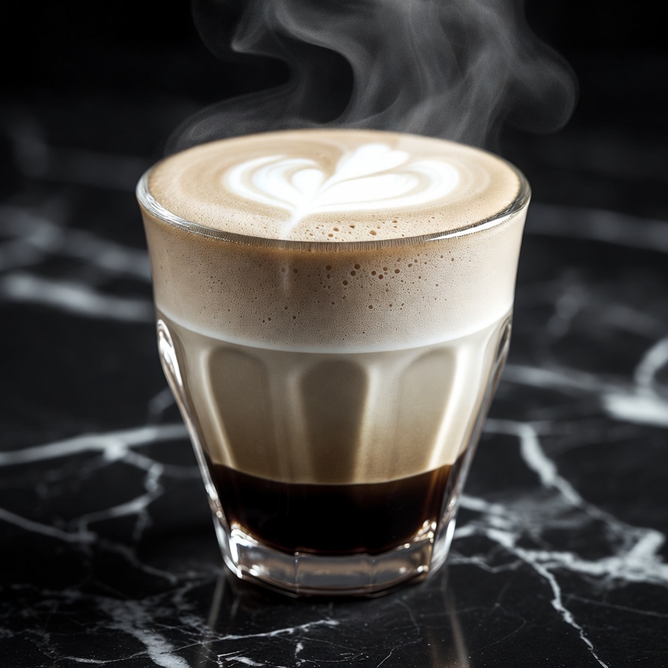 Gelaagde macchiato in glazen kop op zwart marmer